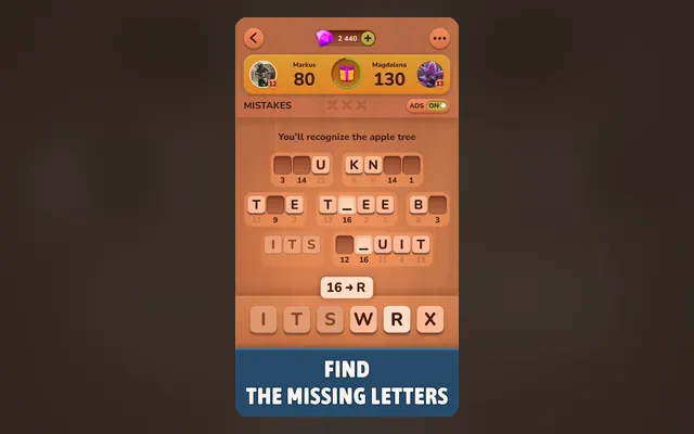 Schermata di CodeWords Duel: griglia di lettere da decodificare in una partita a due